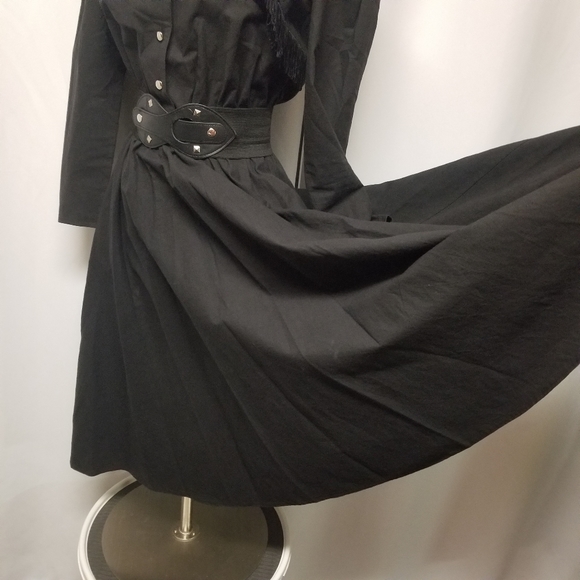 Vintage 80s Boho Western Rodeo Cowgirl Black Cotton Dancing Riding Midi Dress Sm - Picture 3 of 9